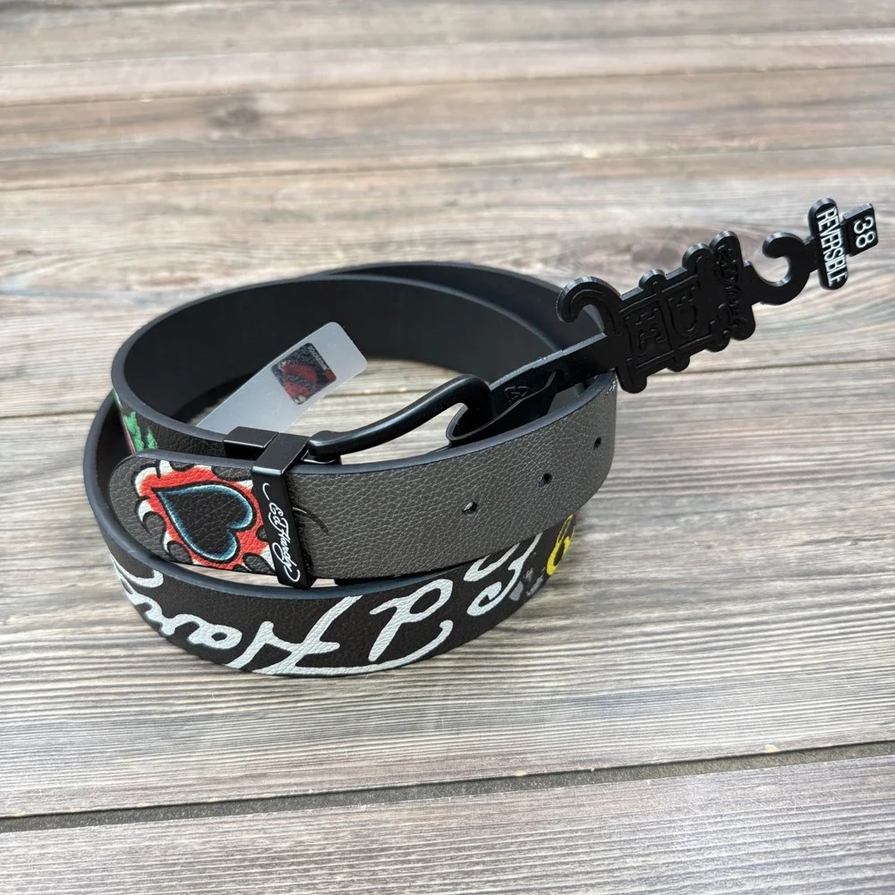 Ed Hardy Men Size 38 Reversible Belt Black Grey Tattoo Graphic BX95409EHQB New